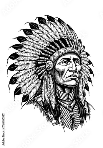 Detailed black and white portrait of a Native American Indian chief with a feathered headdress in a vintage woodcut engraving style
