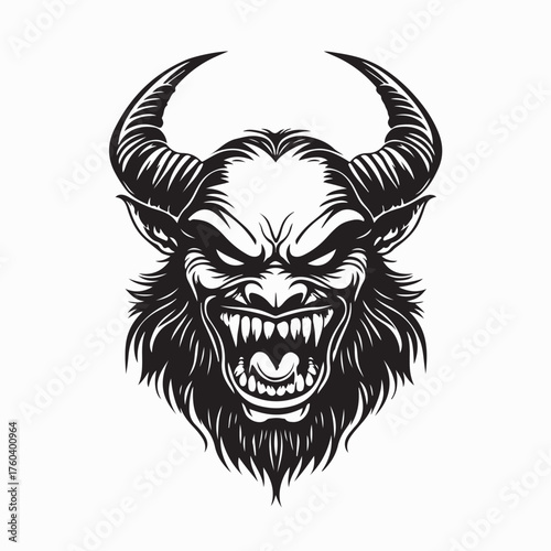 Scary Devil Head with Large Fangs Vector Design on white background