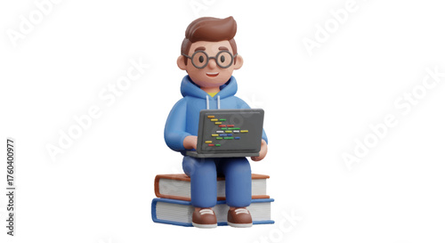3D Cartoon Programmer Character in Blue Hoodie Sitting on Books with Laptop.