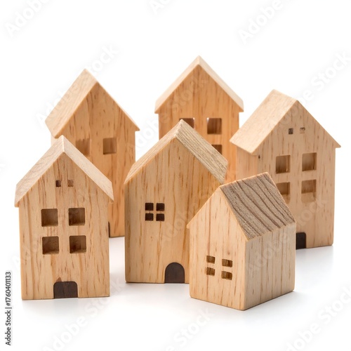 Several tiny wooden house models arranged against a white backdrop