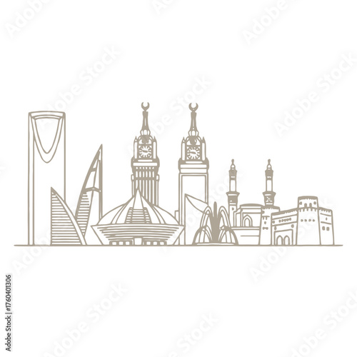 Stunning golden skyline of Mecca showcasing iconic landmarks, perfect for travel brochures, cultural events, and promotional materials about Saudi Arabia