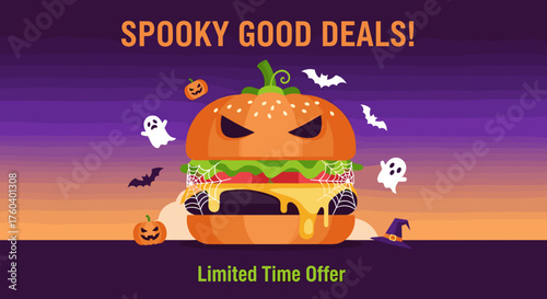 Spooky Halloween burger promotion banner with ghosts and bats Limited time offer
