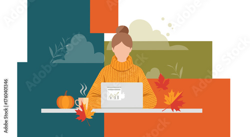 Cozy autumn remote work Woman in sweater uses laptop next to pumpkin and coffee mug