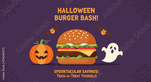 Halloween Burger Bash promo illustration with pumpkin ghost and bat icons on purple background
