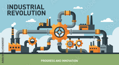 Flat vector illustration of Industrial Revolution with factories gears and pipes