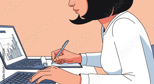 Professional woman analyzing data on laptop and writing notes Business finance and productivity illustration