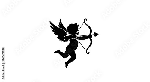Silhouette of a winged cherub aiming a bow and arrow.
