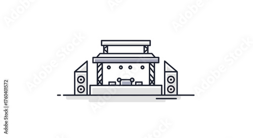 Minimalist line art icon of a DJ stage with turntables and large speakers.