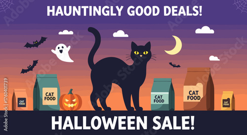 Halloween Sale vector illustration featuring a black cat ghost pumpkin and cat food bags for pet retail deals