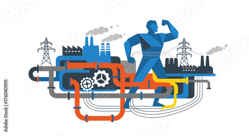 Strong man illustration controlling industrial infrastructure energy production pipes and factories