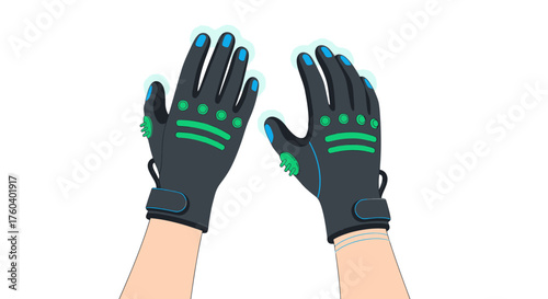 Futuristic Black VR Gloves with Green and Blue Accents.