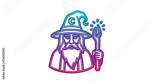 Mystical Wizard with Pointed Hat and Glowing Staff in Gradient Outline.
