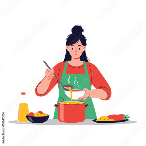 A person is carefully pouring a hot soup from a cooking pot into a white bowl using a ladle for their meal preparation.