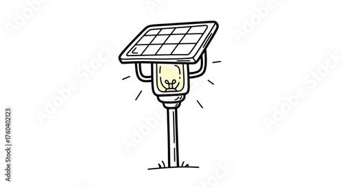 Hand-drawn illustration of a solar-powered street lamp with a glowing bulb.