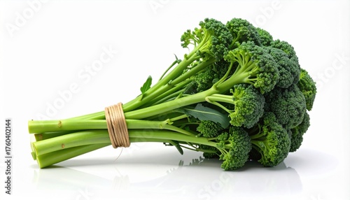 Fresh vibrant broccoli bunch, tied with twine, perfect for healthy recipes and nutritious meal plans promoting wellness and farm-to-table lifestyles