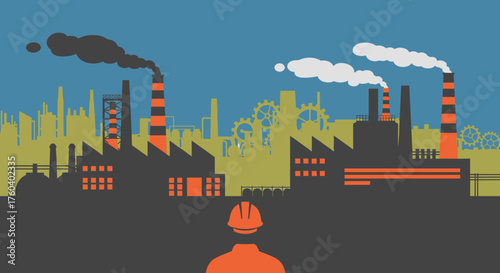 Stylized illustration of factory skyline with smokestacks and worker in hard hat