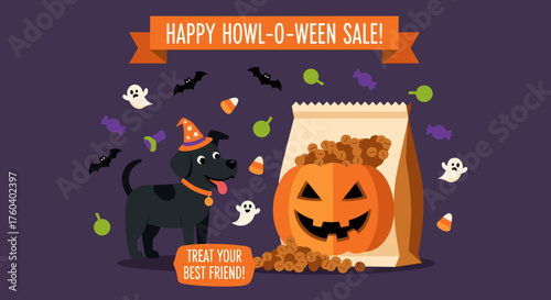 Happy HowlOWeen Sale graphic featuring dog pumpkin and floating treats
