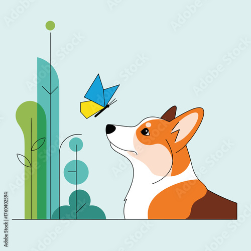 A curious corgi dog observes a butterfly in a serene natural setting with stylized trees.