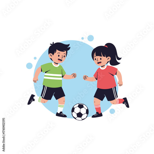 Two young children playing soccer in a park on a sunny day.