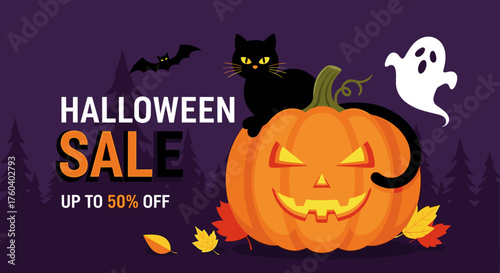 Halloween Sale banner featuring a spooky pumpkin black cat and ghost illustration
