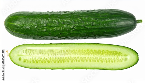 Fresh vibrant green cucumber, sliced to reveal juicy seeds, perfect for healthy eating promotions or refreshing recipe ideas on white background