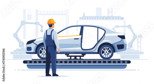 Worker supervising car production on an automated assembly line with robotic arms in an automotive factory