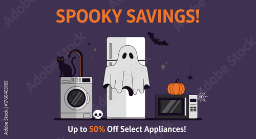 Spooky Savings Halloween sale banner for home appliances Flat vector illustration