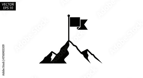Black Silhouette of a Flag Planted on a Mountain Peak.