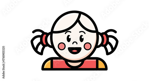 Cheerful Cartoon Girl with Pigtails and Rosy Cheeks.