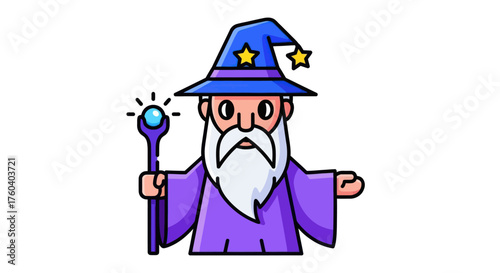 Cartoon Wizard with Pointed Hat and Magic Wand Illustration.