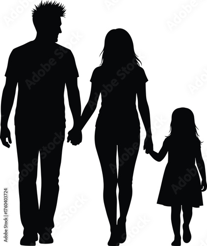 Silhouette of family walking hand in hand—father, mother, daughter—black vector art for love, protection, and togetherness themes