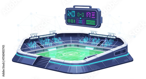 Futuristic Stadium with Scoreboard Displaying a Game in Progress.