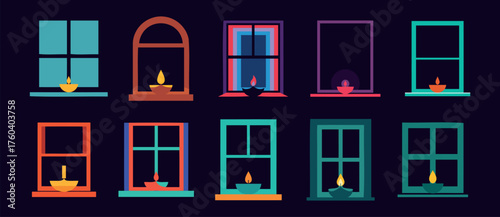 Set of 10 different stylized window icons featuring an illuminated Diya lamp on the sill, symbolizing the Diwali festival and light at home during the night.