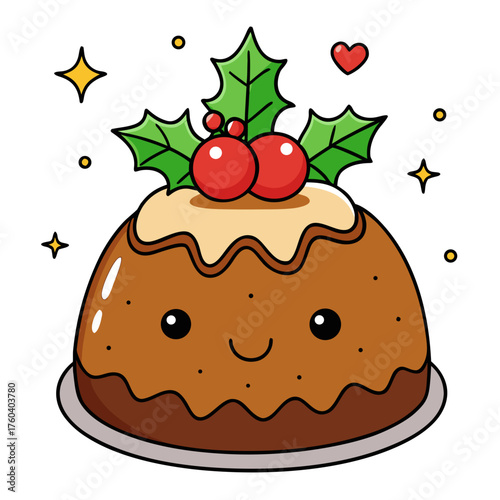 Cute christmas pudding with holly and berries isolated on white background