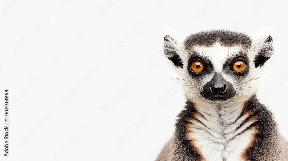 Fototapeta premium Curious lemur with vibrant orange eyes and soft fur looks directly at camera against clean white background