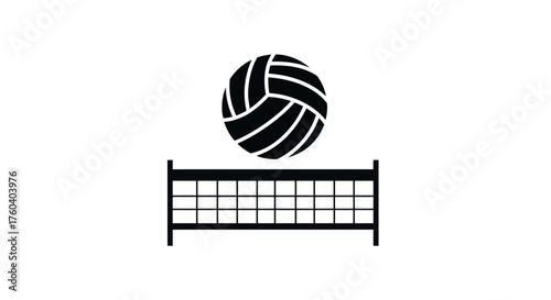 Black and white graphic illustration of a volleyball above a net.