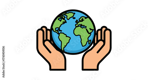Two cupped hands gently holding a stylized globe of Earth.