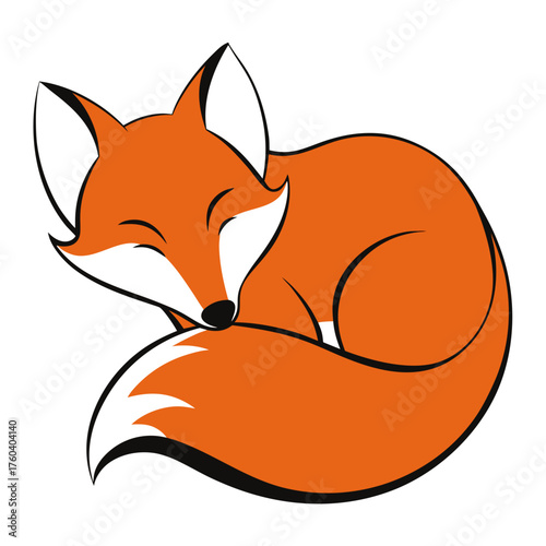 Cute cartoon fox curled up sleeping peacefully isolated on white background