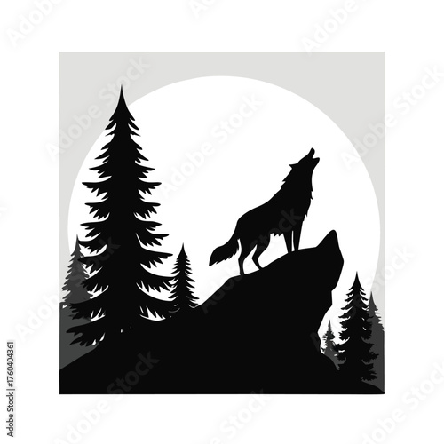 Black and wild wolf howling at the moon silhouette vector illustration design