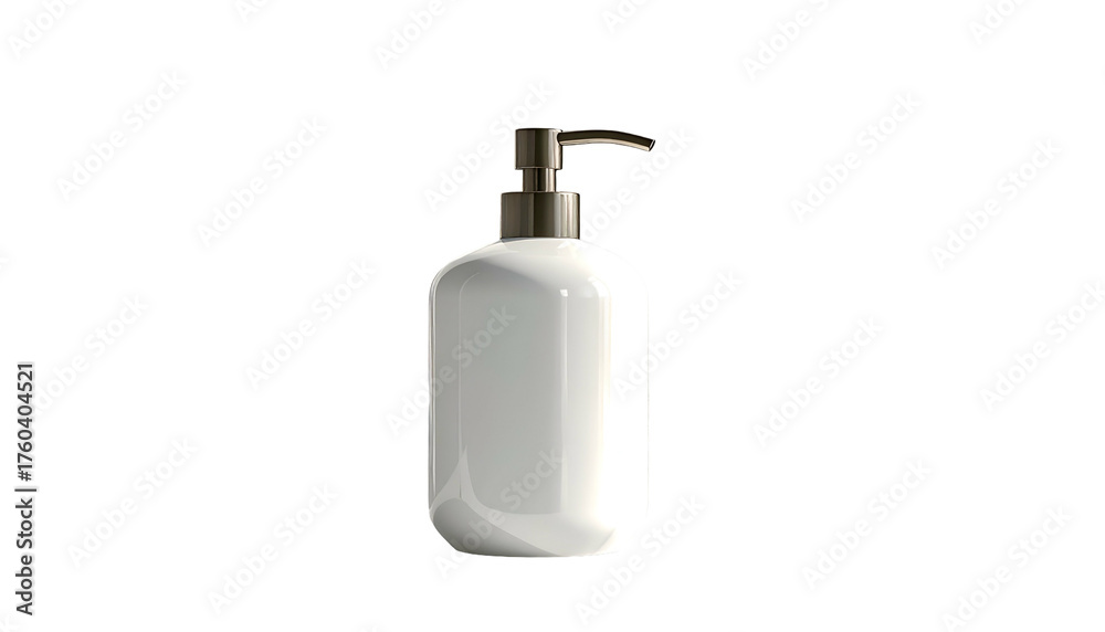 Fototapeta premium White, rounded liquid dispenser with dark pump on black backdrop