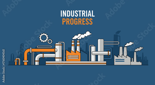Flat vector illustration of an industrial factory landscape with pipes gears and smokestacks