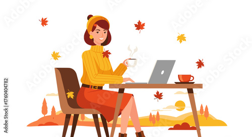 Smiling woman works on laptop enjoying coffee in a cozy autumn setting