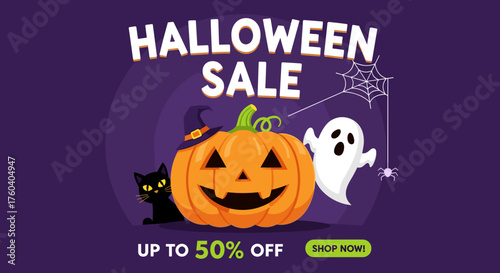 Spooky Halloween Sale banner with Jackolantern ghost and black cat graphics