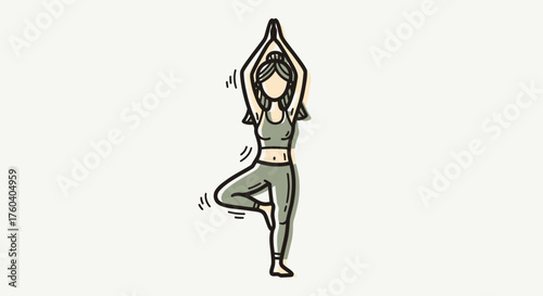 Woman practicing Vrikshasana yoga pose with arms raised above head.