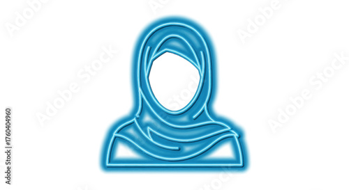 Neon Blue Icon of Woman Wearing Hijab Headscarf.