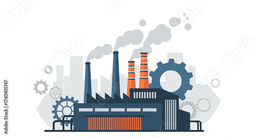 Flat vector illustration of an industrial factory with smoking chimneys and mechanical gears