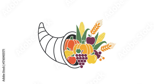 Colorful Harvest Cornucopia Illustration with Abundant Fruits and Vegetables.