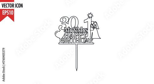 Line art vector icon of a 30th Happy Birthday cake topper with celebrating man and woman silhouettes.