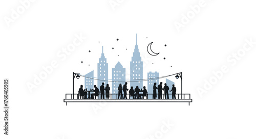 Rooftop Gathering with City Skyline at Night Minimalist Illustration.