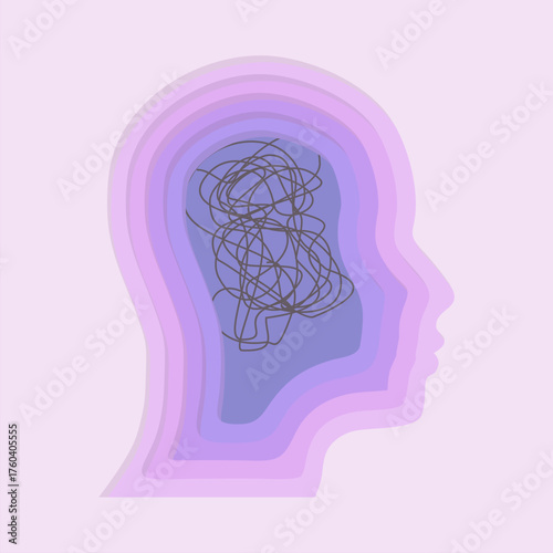 Psychotherapy, stress and psychosis. A man head in profile with a tangled ball of nerves, scribbles symbolizing a depressed state of a person. Psychological help. Personality disorder and depression.